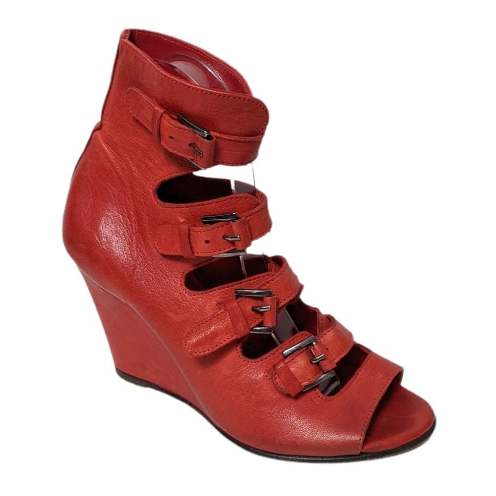 SURFACE TO AIR Red Leather Buckled Ankle Wrap Wedges 37
